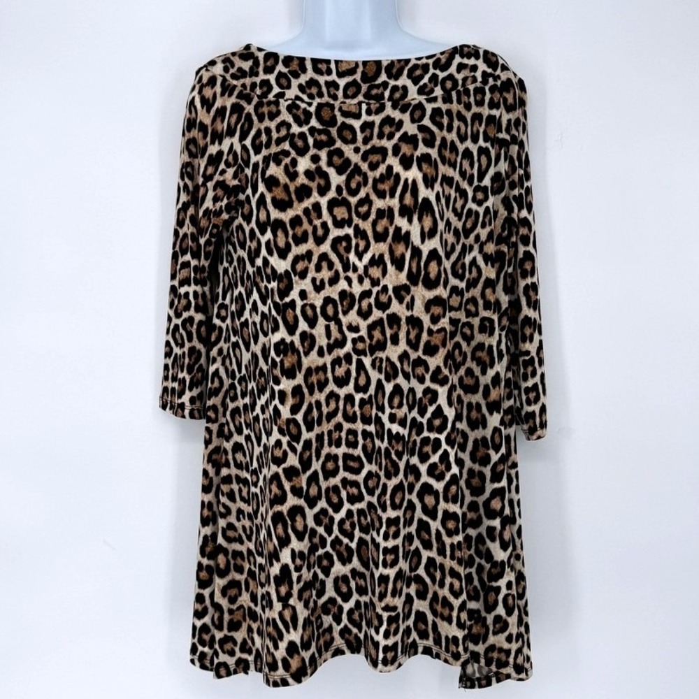 Chicos Leopard Print Tunic Top Brown Black Animal Boat Neck 3/4 Sleeve Size 0 S